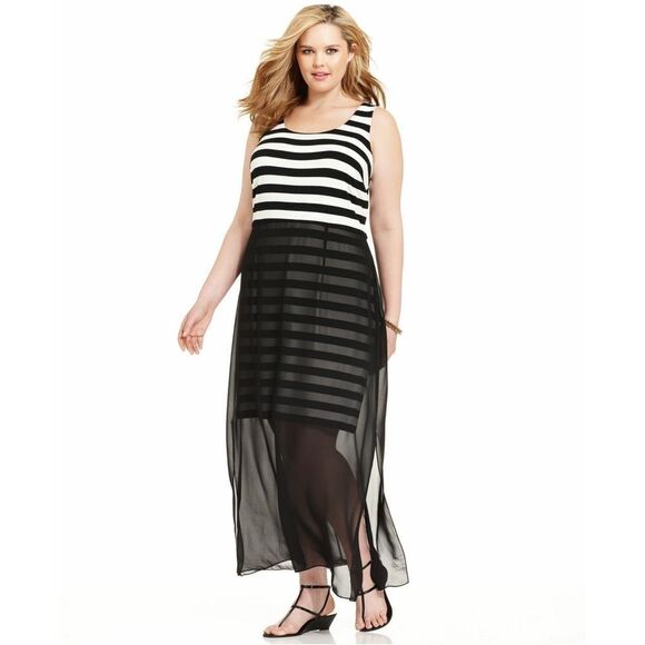 New! VINCE CAMUTO Chiffon Overlay Striped Plus Size Maxi Dress Black White - Picture 2 of 7